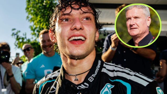 Kimi Antonelli, Mercedes, celebrates his 2026 Chinese Grand Prix win, as David Coulthard appears in a top right circle