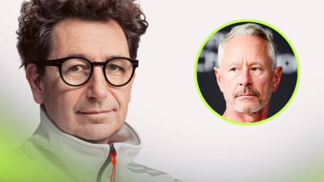 A studio shot of Mattia Binotto posing in Audi F1 team kit with an inset of Jonathan Wheatley