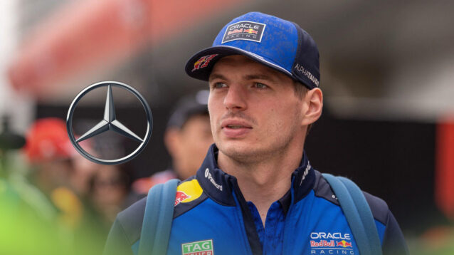 Max Verstappen and the Mercedes badge