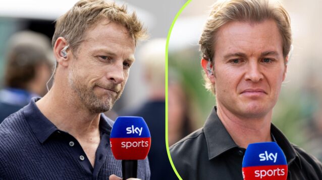 On the left, Jenson Button, and on the right, Nico Rosberg, both with a Sky F1 microphone in hand