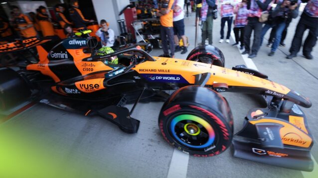 Lando Norris drives out of the McLaren garage during practice at the Japanese GP.