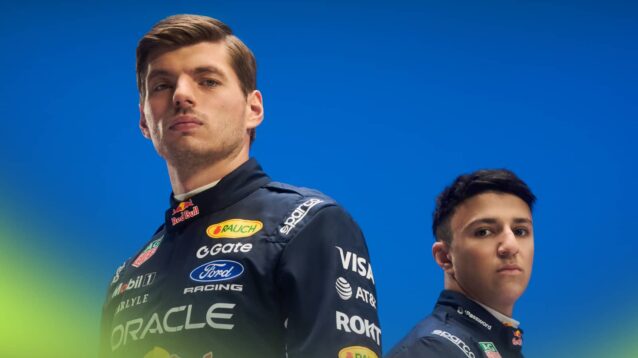 A studio shot of Max Vesrtappen and Isack Hadjar posing together in 2026 Red Bull overalls