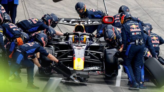 Red Bull's mechanics hard at work in the pitlane at Suzuka.