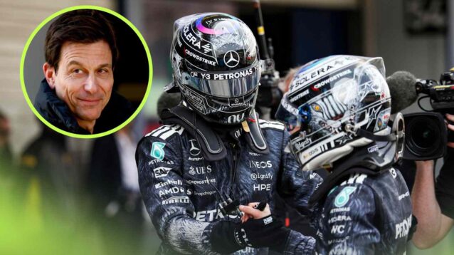 Mercedes drivers George Russell and Kimi Antonelli shake hands, with Toto Wolff inset.