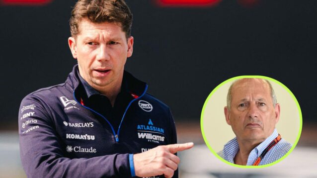 Williams team principal James Vowles pictured at the 2026 Japanese Grand Prix, pointing towards where Ron Dennis appears in a circle