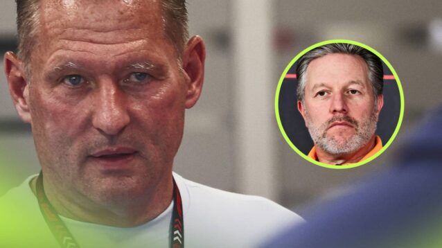 Jos Verstappen looks on in the garage with an inset of Zak Brown in a press conference