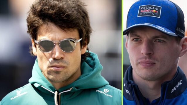 On the left, Lance Stroll, Aston Martin, on the right, Max Verstappen, Red Bull, pictured at the 2026 Chinese Grand Prix
