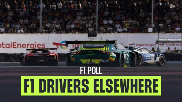 A Formula 1 poll discussing Lance Stroll and Max Verstappen racing in GT3 cars.