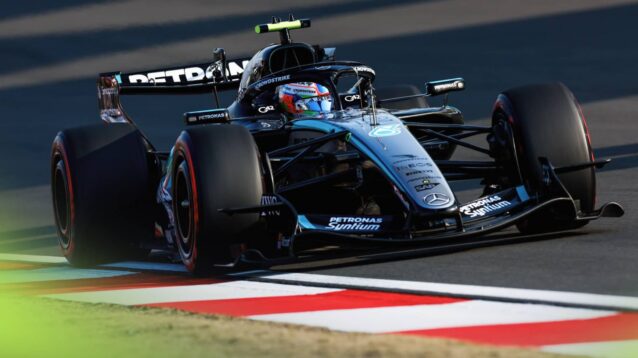An action shot of Kimi Antonelli's Mercedes on track in China