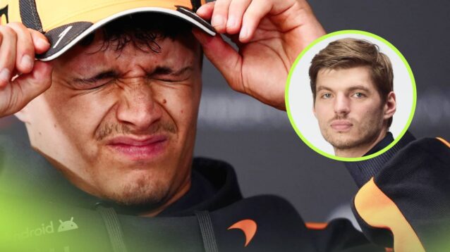 Lando Norris shuts his eyes as he adjusts his cap with an inset of Max Verstappen alongside him