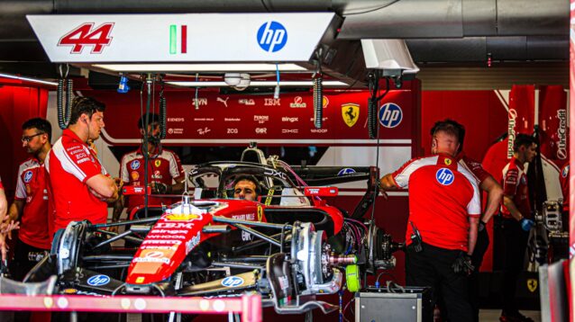 The Ferrari car of Lewis Hamilton in the Miami garage