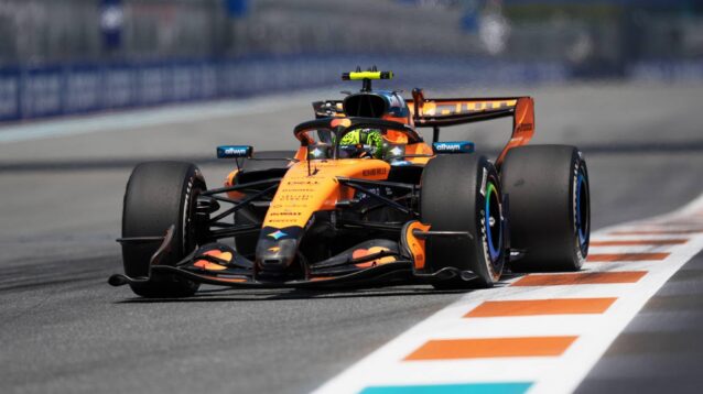 McLaren's Lando Norris on track at the 2026 Miami Grand Prix.