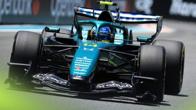Fernando Alonso driving the Aston Martin AMR26 at the 2026 Miami Grand Prix