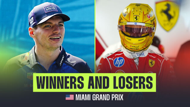 Max Verstappen smiles for the camera opposite Lewis Hamilton wearing his yellow helmet.