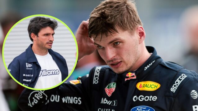Max Verstappen, Red Bull, pictured at the 2026 Miami Grand Prix, as Carlos Sainz appears in a circle on the left