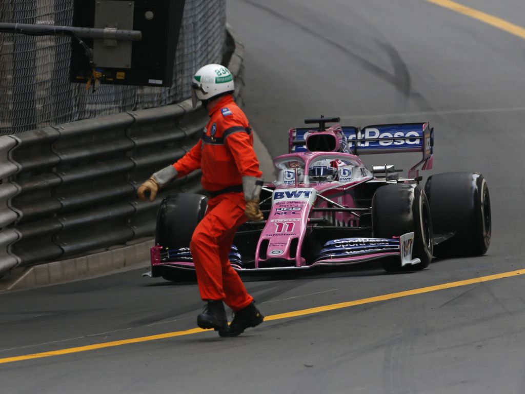 Sergio Perez almost runs over marshals in the Monaco Grand Prix.