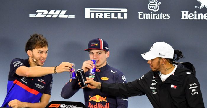 Pierre Gasly Max Verstappen and Lewis Hamilton