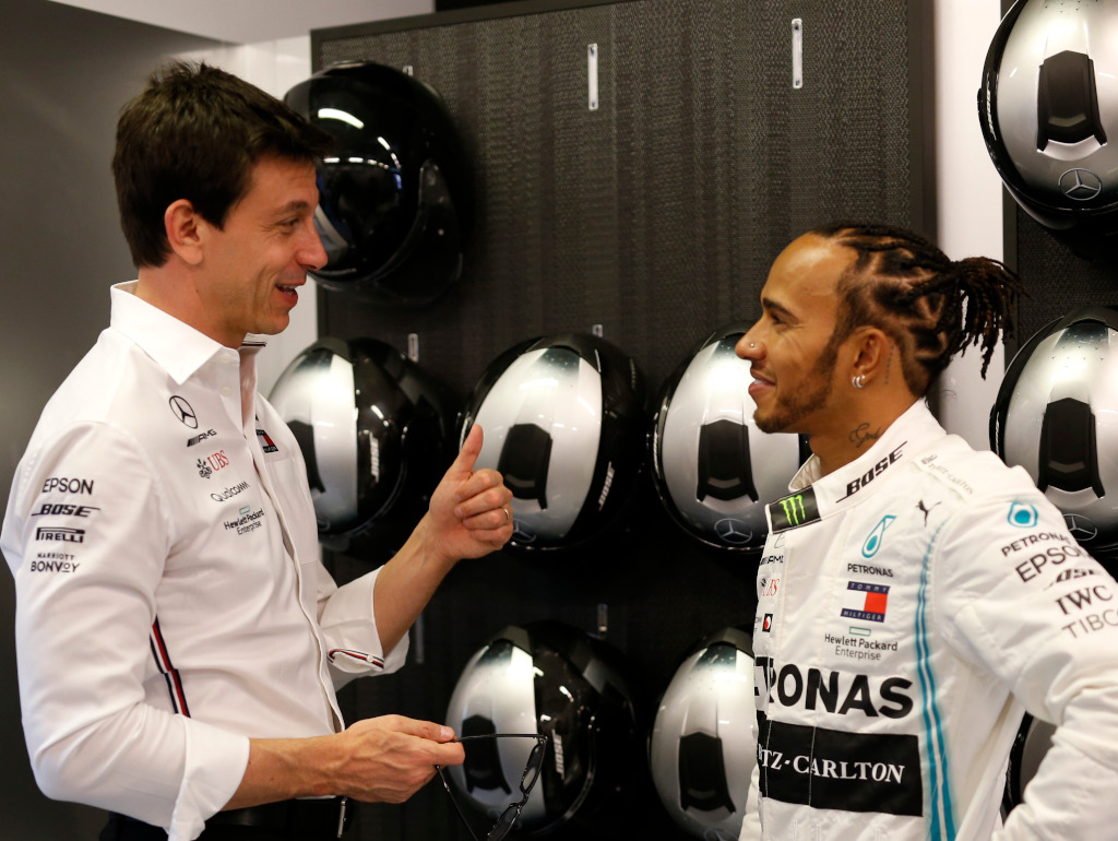 Lewis Hamilton and Toto Wolff smiling