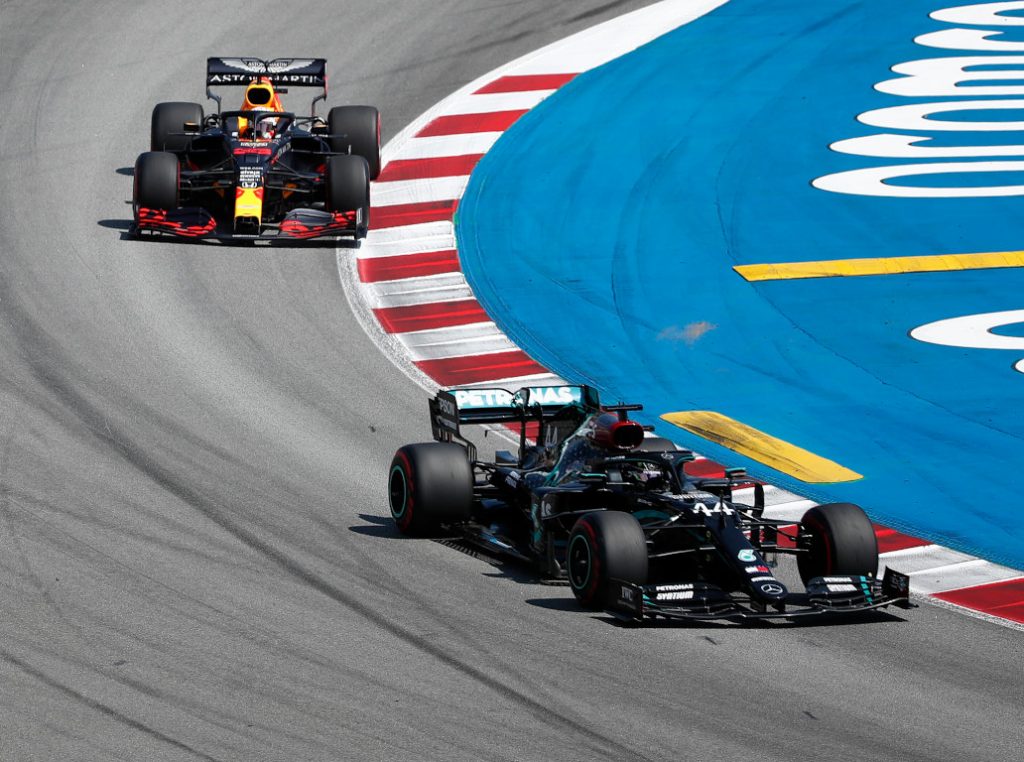 Mercedes Red Bull Lewis Hamilton leads Max Verstappen