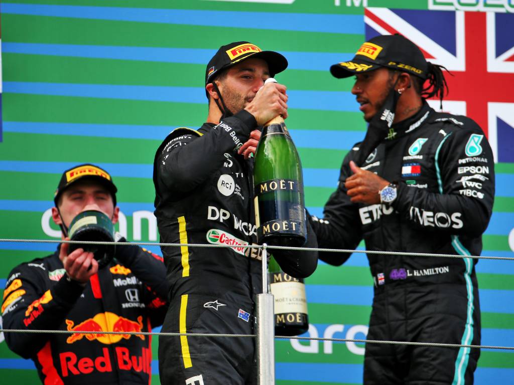Lewis Hamilton, Daniel Ricciardo and Max Verstappen on the podium after the Eifel Grand Prix