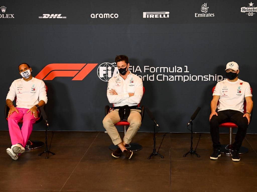 Lewis Hamilton, Toto Wolff and Valtteri Bottas during the Emilia Romagna Grand Prix Mercedes press conference