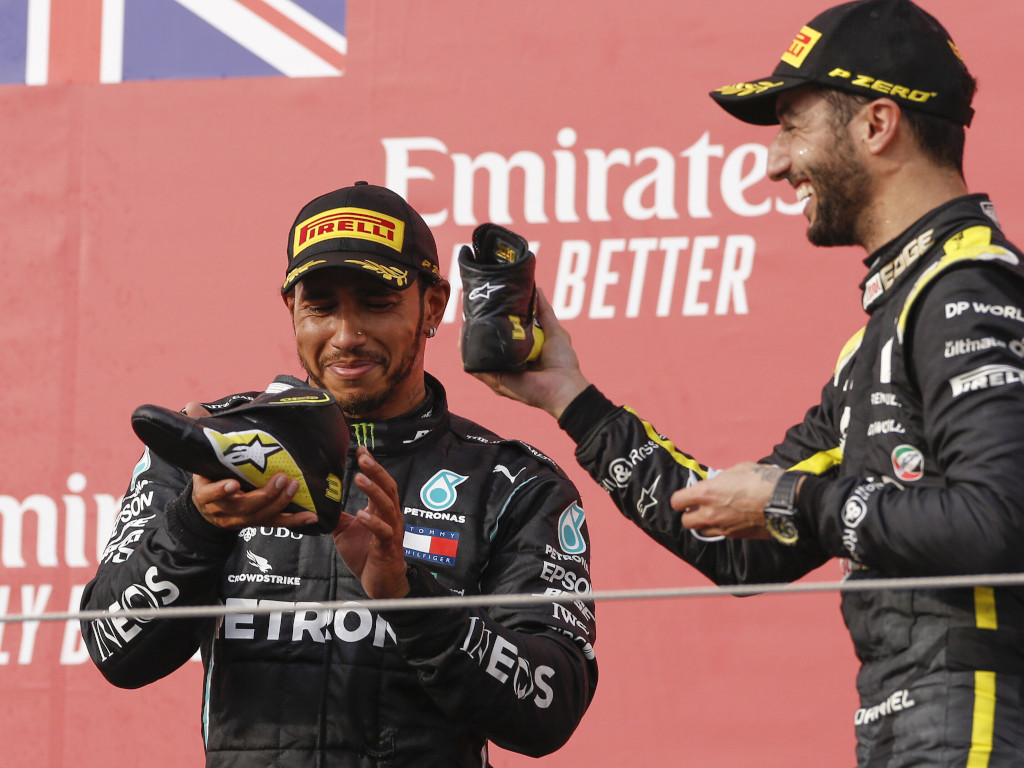 Lewis Hamilton and Daniel Ricciardo shoey Imola