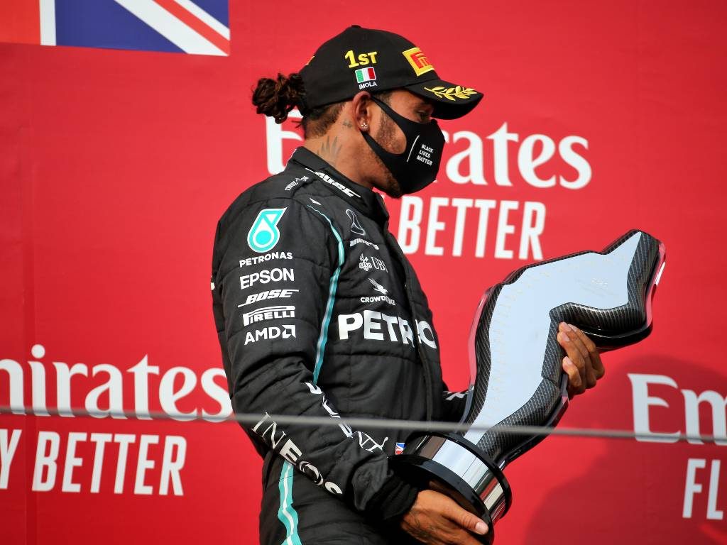 Lewis Hamilton with his trophy after winning the Emilia Romagna Grand Prix