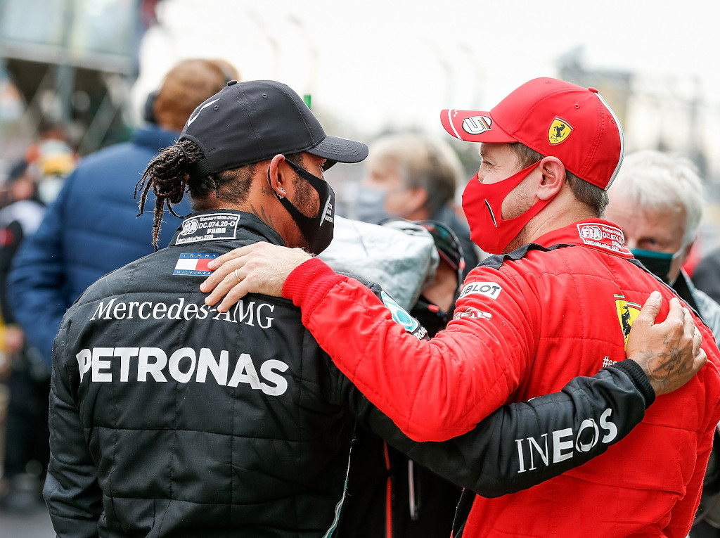 Sebastian Vettel congratulates Lewis Hamilton