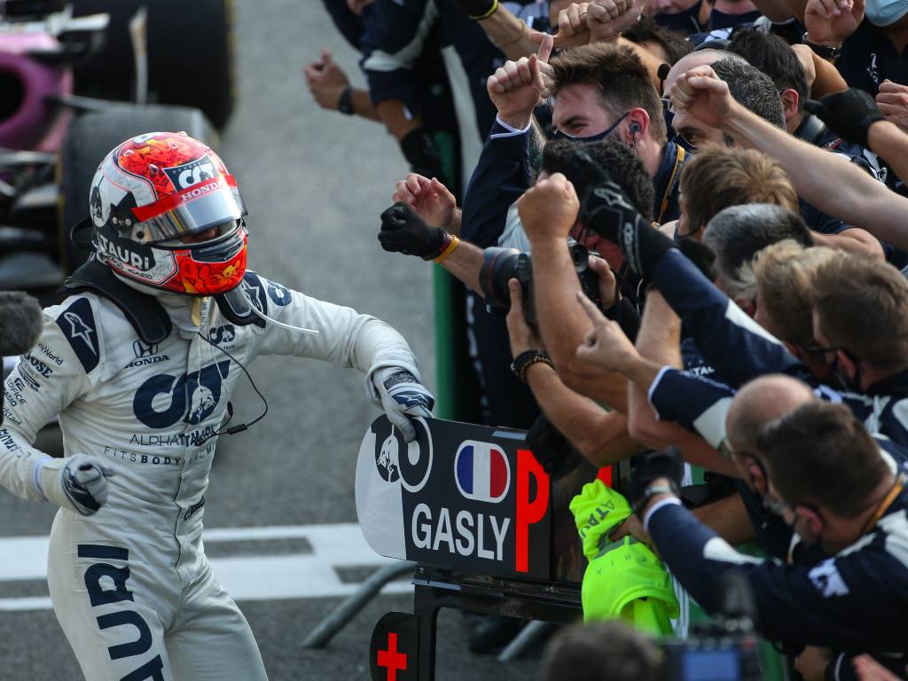 Pierre Gasly celebrates his Italian Grand Prix win with the AlphaTauri team