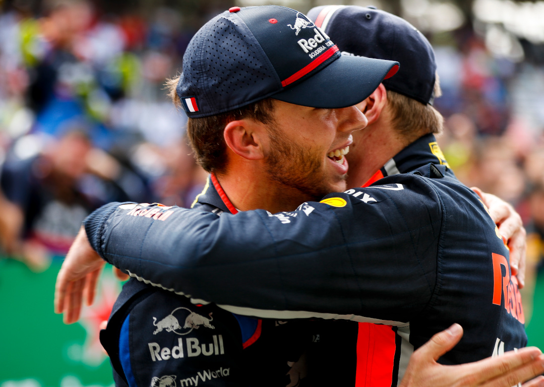 Max Verstappen and Pierre Gasly hug