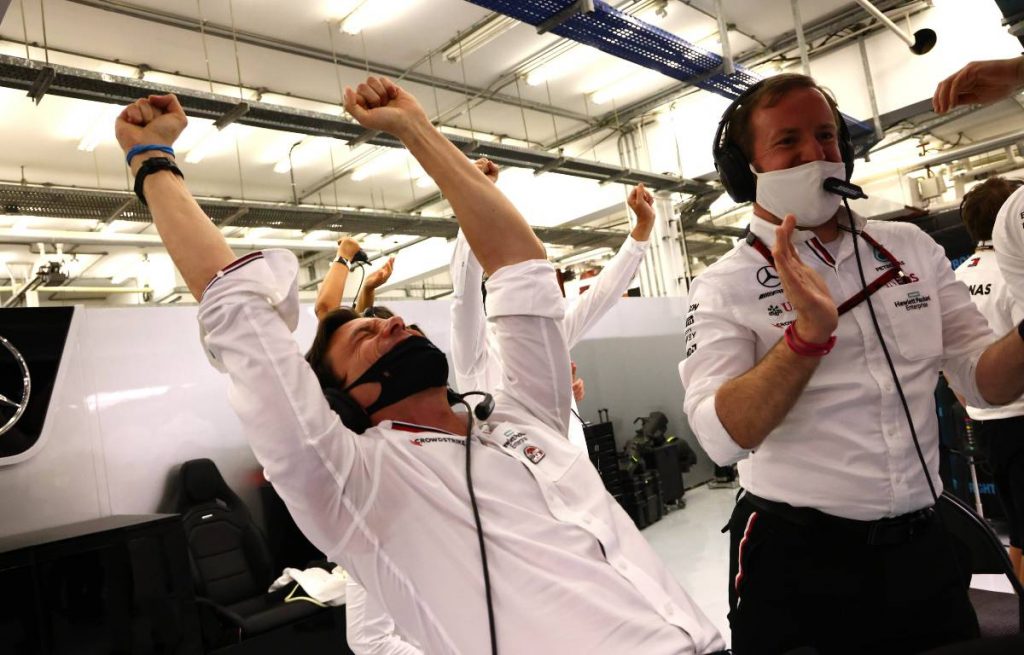 Toto Wolff celebrates Lewis Hamilton's victory for Mercedes in the Bahrain Grand Prix