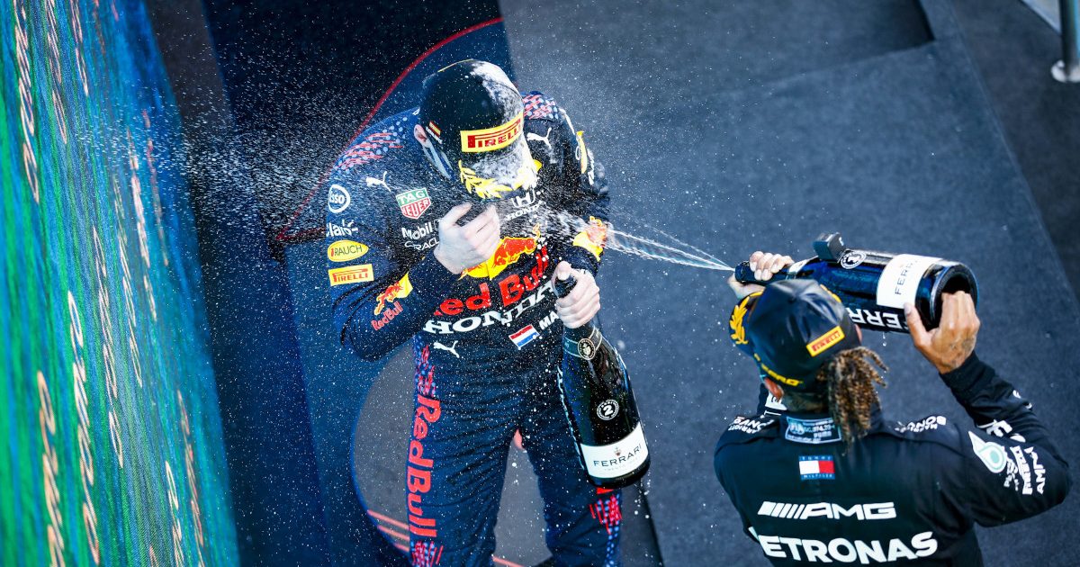 Lewis Hamilton and Max Verstappen podium