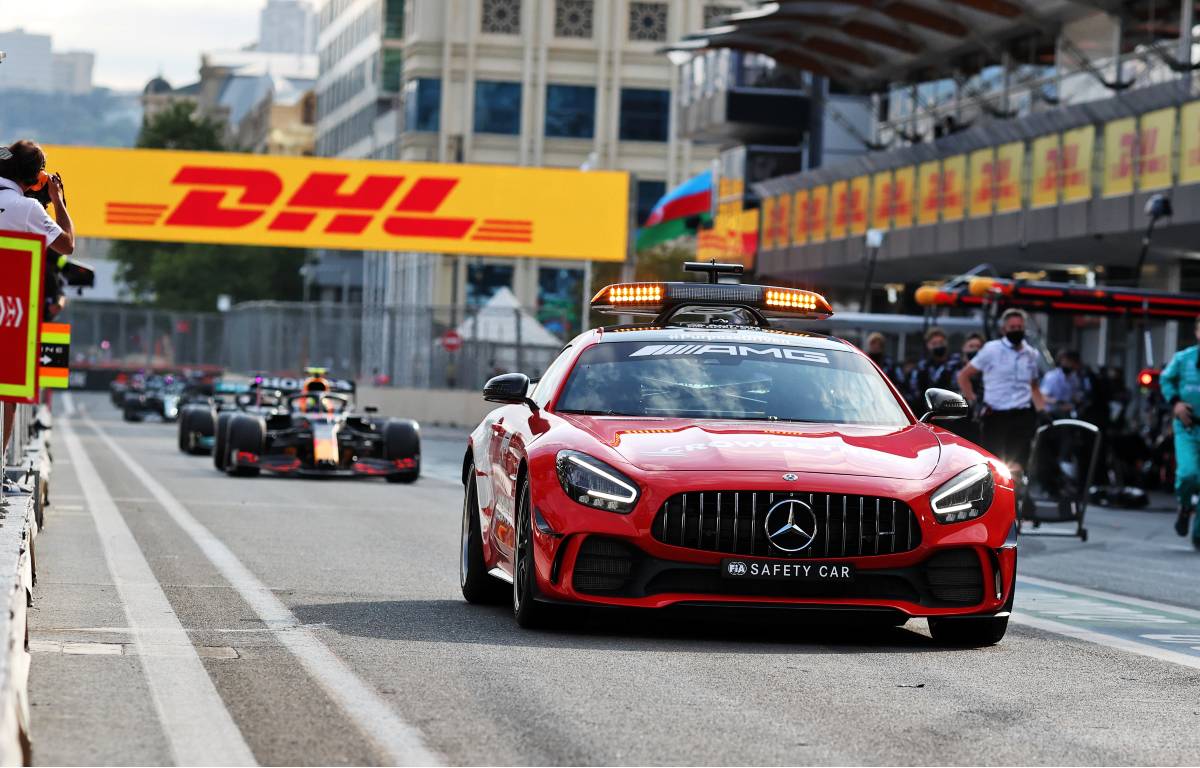 Safety Car leads Sergio Perez through the pit lane during the 2021 Azerbaijan Grand Prix
