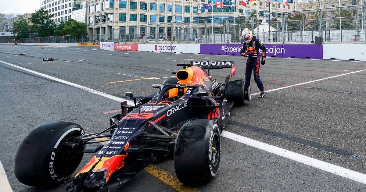 Max Verstappen with his crashed Red Bull during the 2021 Azerbaijan Grand Prix