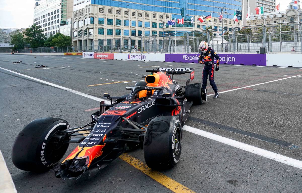 Max Verstappen with his crashed Red Bull during the 2021 Azerbaijan Grand Prix