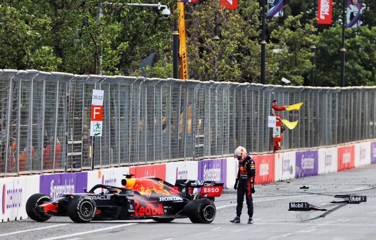 Max Verstappen with his Red Bull after crashing during the 2021 Azerbaijan Grand Prix
