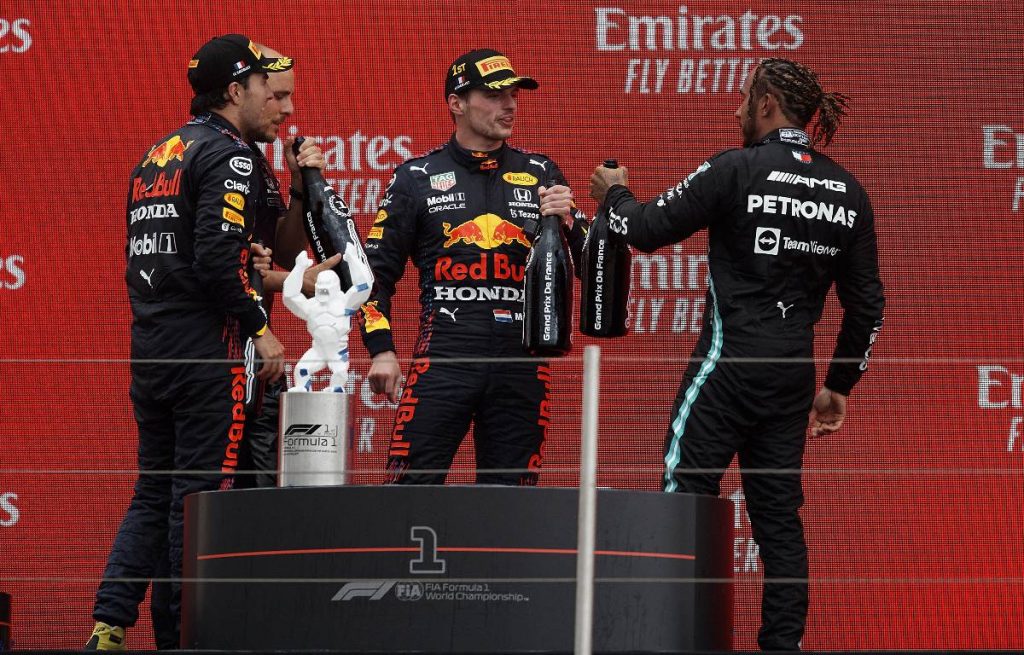 Max Verstappen, Lewis Hamilton and Sergio Perez on the 2021 French Grand Prix podium
