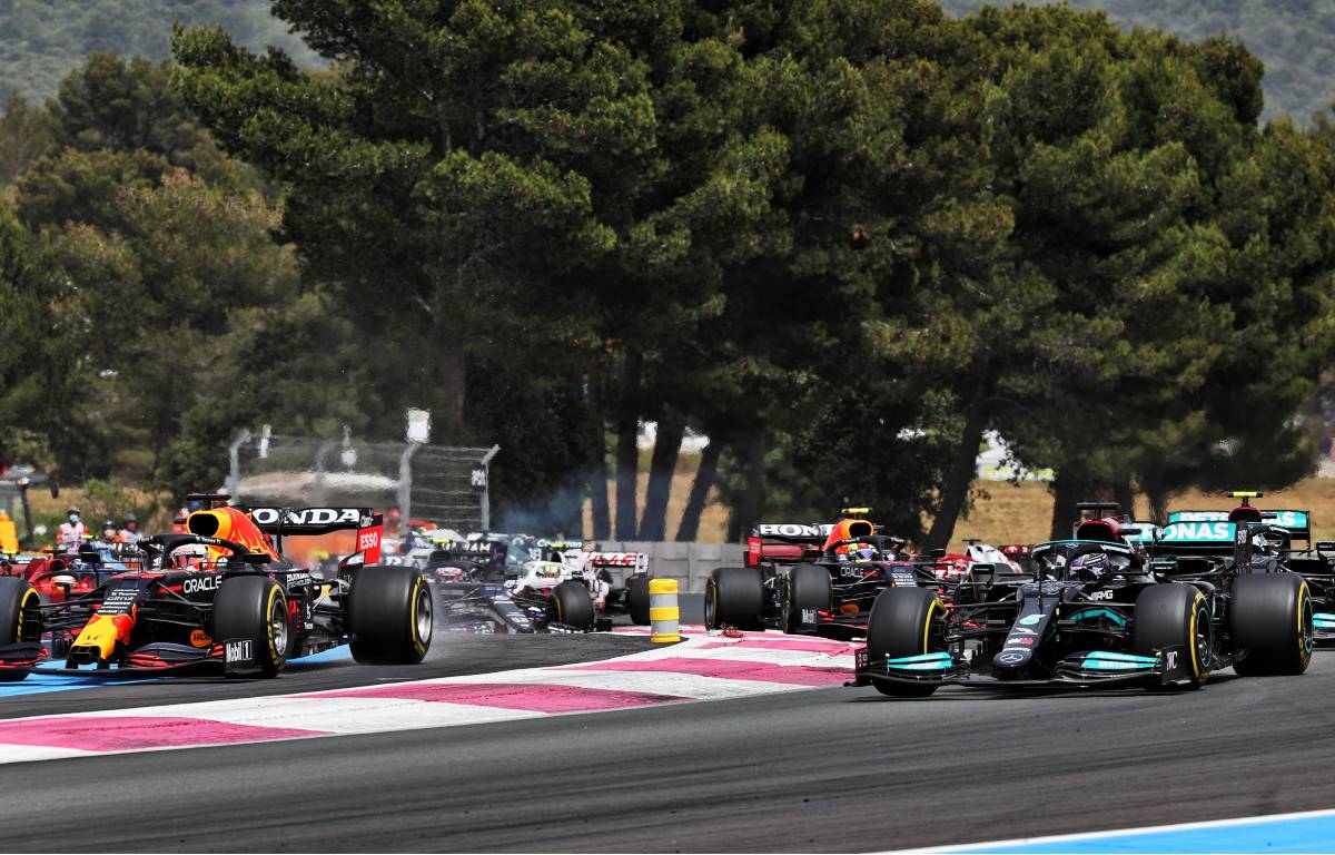 Max Verstappen's Red Bull runs wide out of Turn 1 at the 2021 French Grand Prix