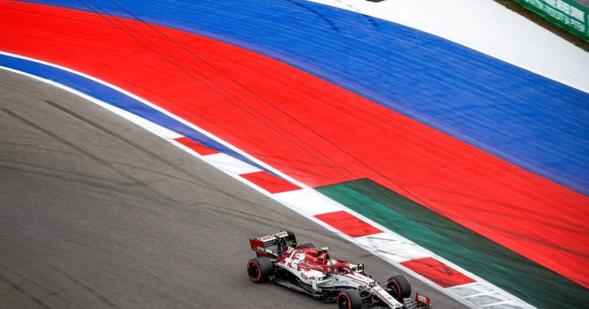 Antonio Giovinazzi's Alfa Romeo on the Sochi circuit, home of the Russian Grand Prix