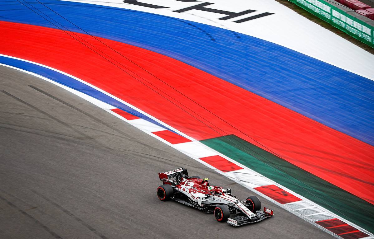 Antonio Giovinazzi's Alfa Romeo on the Sochi circuit, home of the Russian Grand Prix