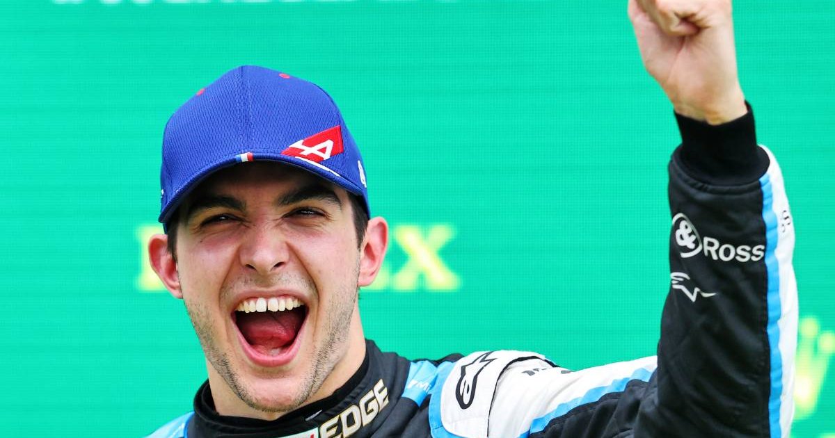 Esteban Ocon celebrates winning the 2021 Hungarian Grand Prix