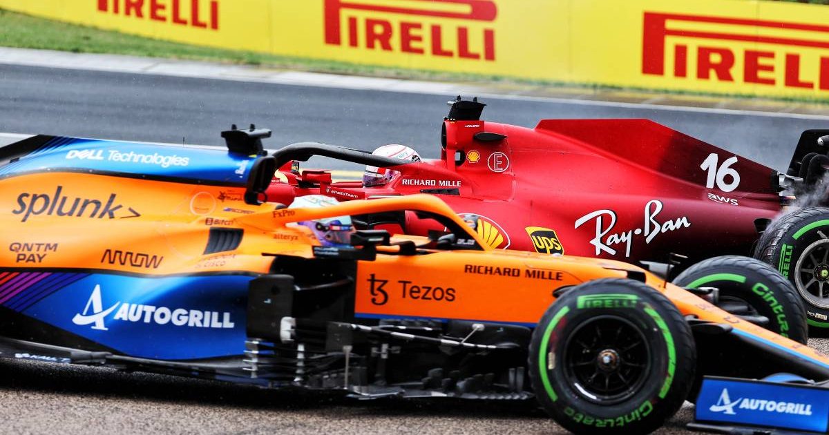 Lando Norris. McLaren, Charles Leclerc, Ferrari, after 2021 Hungarian Grand Prix melee