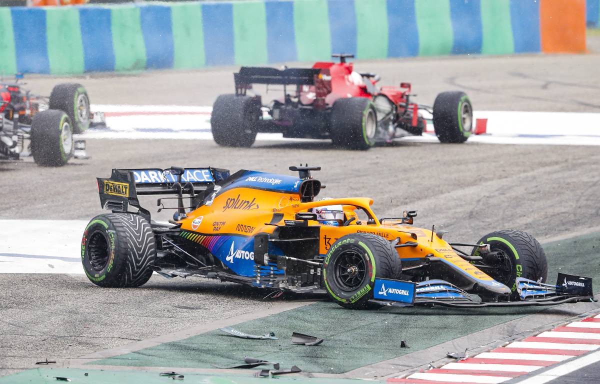 Daniel Ricciardo, McLaren, after the first corner crash during the 2021 Hungarian Grand Prix