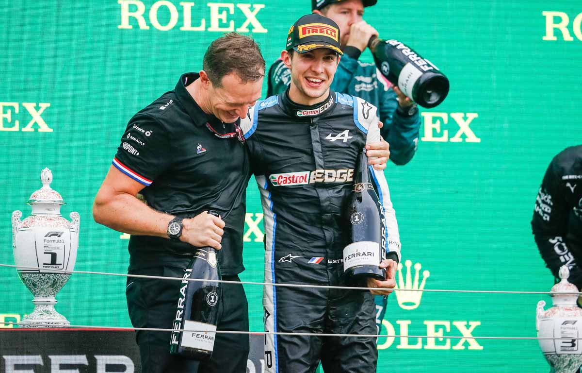 Esteban Ocon and Laurent Rossi celebrate winning the 2021 Hungarian GP