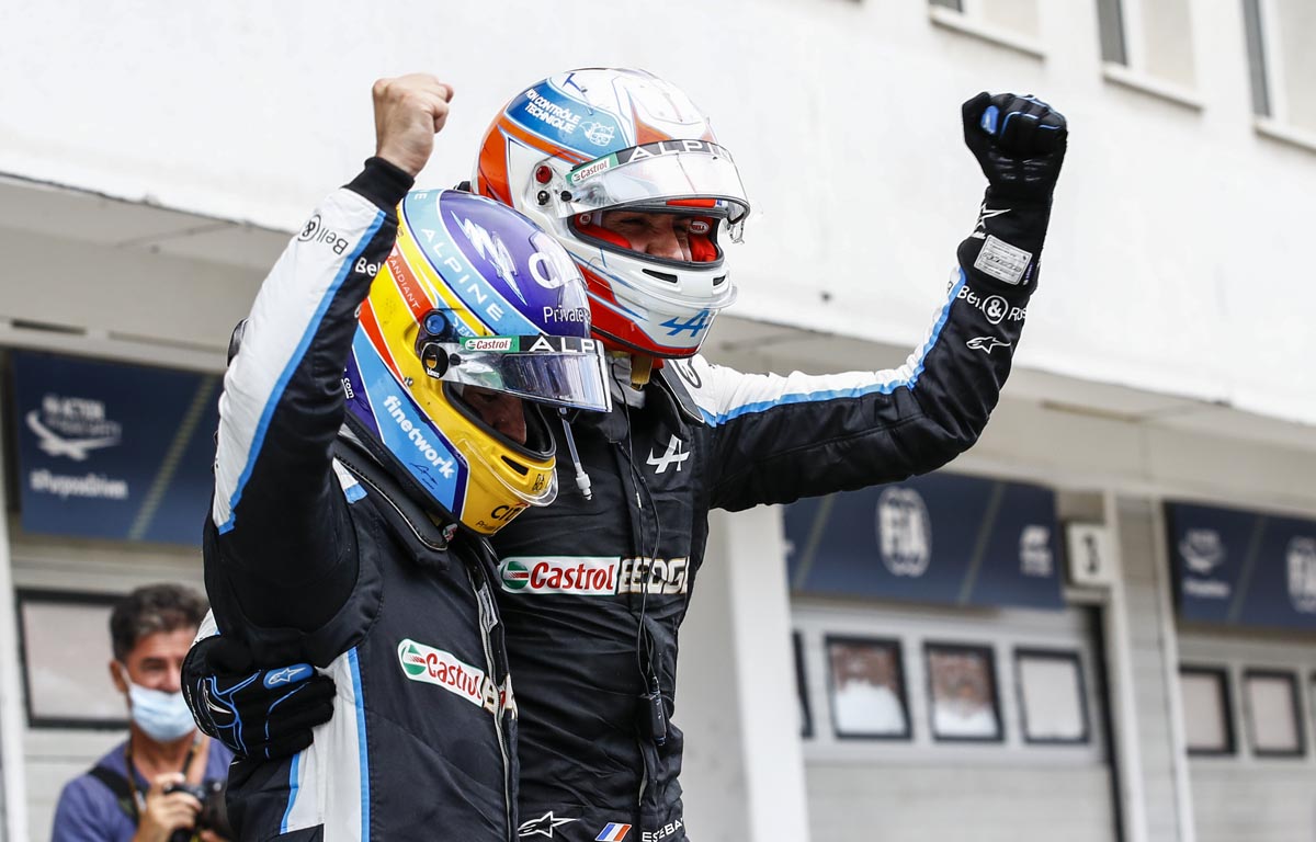 Fernando Alonso and Esteban Ocon celebrate the Frenchman's win in Hungary. August 2021.