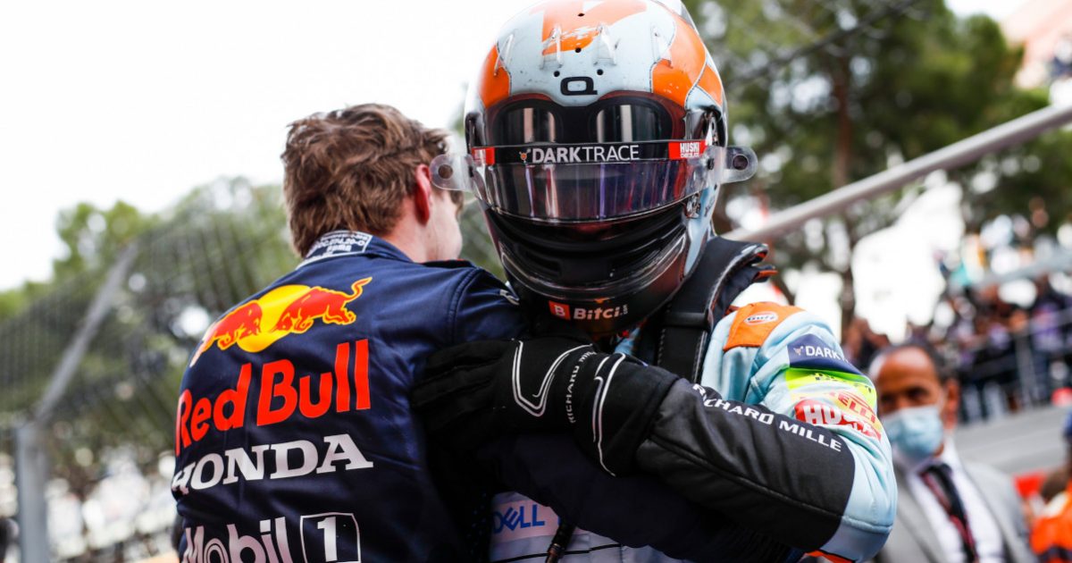 Max Verstappen hugging Lando Norris after the Monaco Grand Prix. Monaco May 2021.