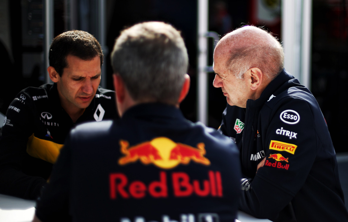 Renault's Remi Taffin speaks with Red Bull's Paul Monaghan and Adrian Newey. Canada June 2018