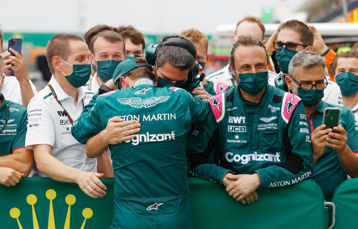 Sebastian Vettel hugs his Aston Martin team. Hungary August 2021