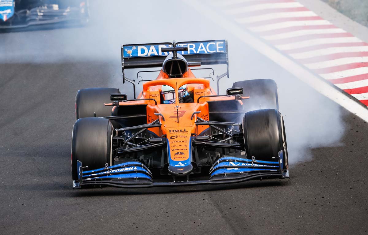 Daniel Ricciardo McLaren front tyre lock-up. Hungary August 2021.