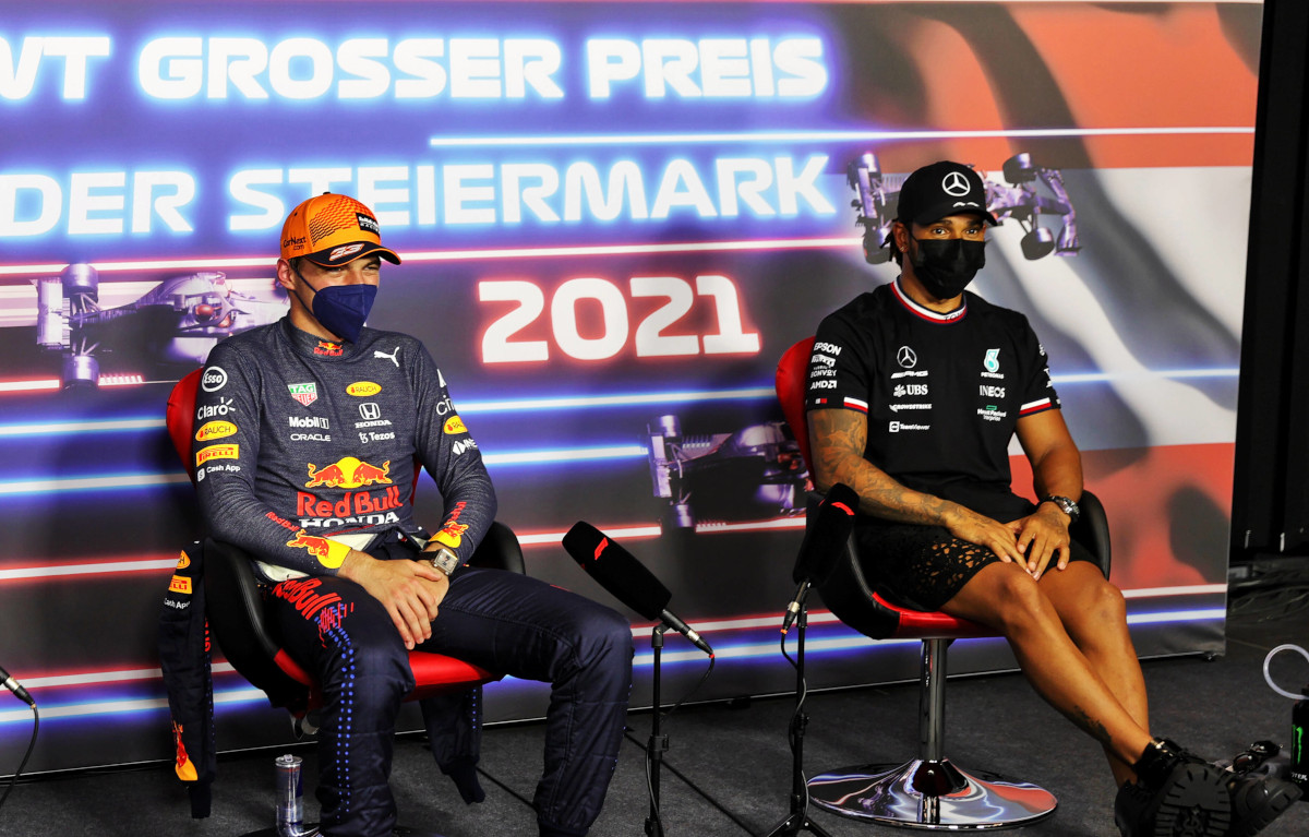 Max Verstappen and Lewis Hamilton at the post-race press conference. Austria June 2021.